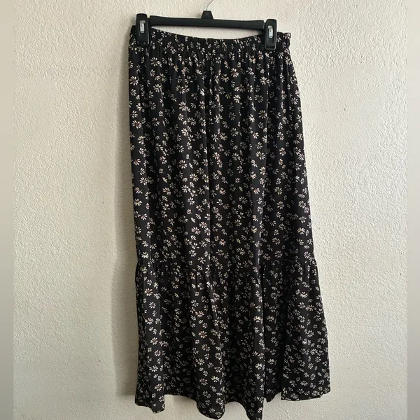 Catch Stitch Floral Print High Waist Frill A Line Flared Long Black Skirt M - Image 4