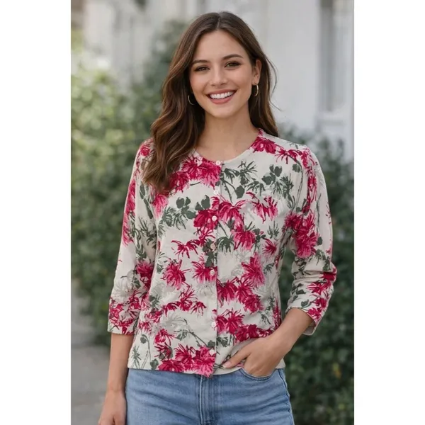 NEW!! GARNET HILL Merino Wool Cardigan‎ Sweater Floral Gray Pink Preppy Small - Image 4