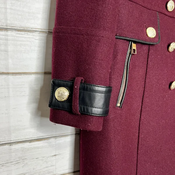 GUESS Walder Large Burgundy Wool Blend Peacoat Trench Coat Gold Buttons - Image 9