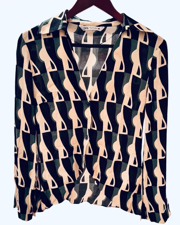 Zara Semi Sheer Geometric Blouse Shirt Black Green Cream S Business Funky - Image 2