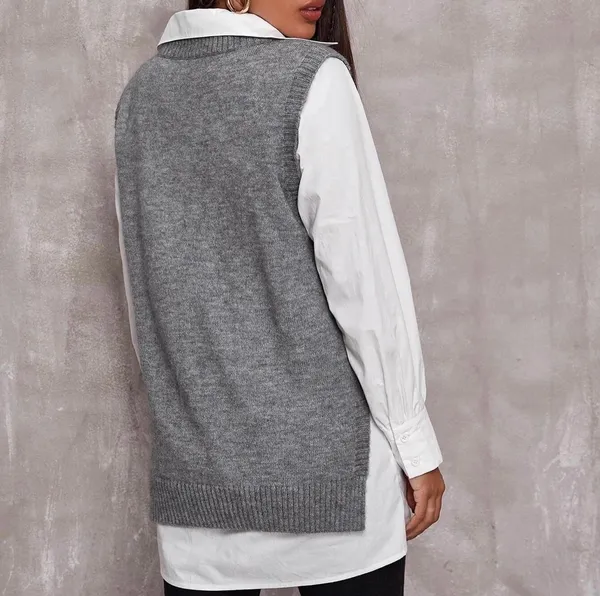 SheIn New  Solid Gray Oversized V-Neck Layering Sweater Vest Size Medium - Image 2