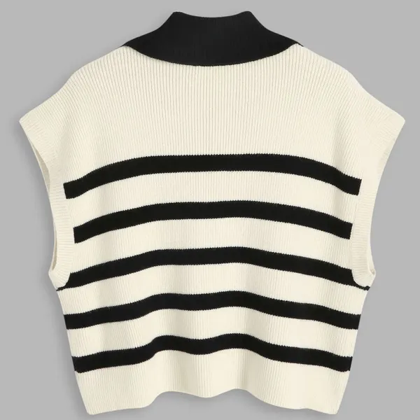CIDER V Neck Cap Sleeve Sweater Vest Top Casual Trendy Striped Cream Black Sz. S - Image 4