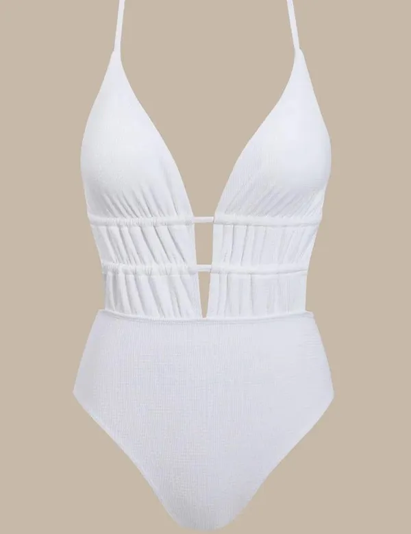 Berlook White Textured Plunge One-Piece Swimsuit - Image 5