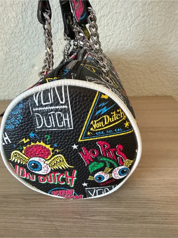 Von Dutch Black Graphic Barrel Crossbody Bag with Multicolor Patches - Image 5