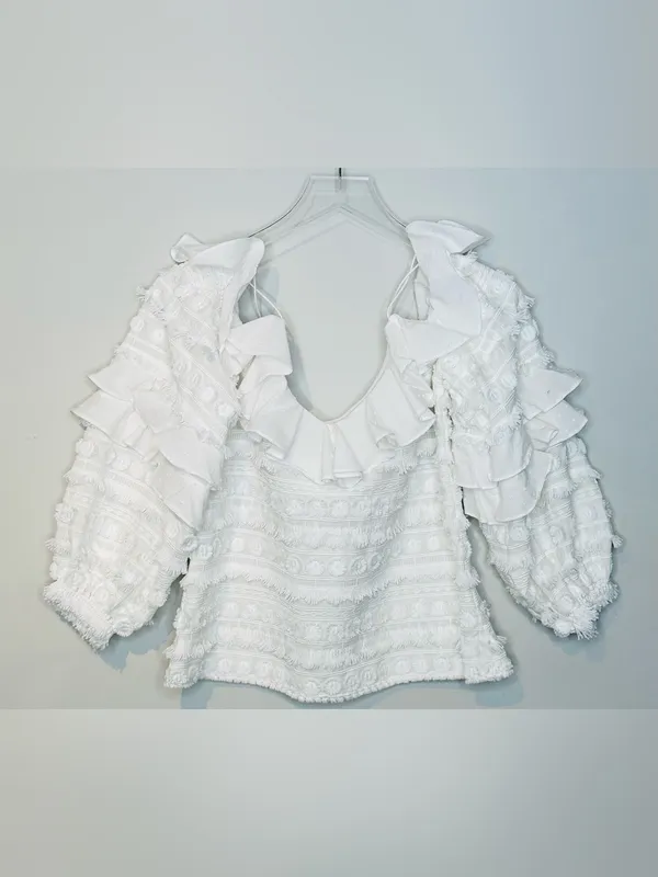 Alexis Damini White Off Shoulder Ruffle Long-Sleeve Fringe Blouse Shirt Top - Image 12