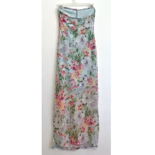 HAUTE MONDE Light Blue Pink Floral Semi Sheer Mesh Strapless Midi Dress ? w Slit - Image 14