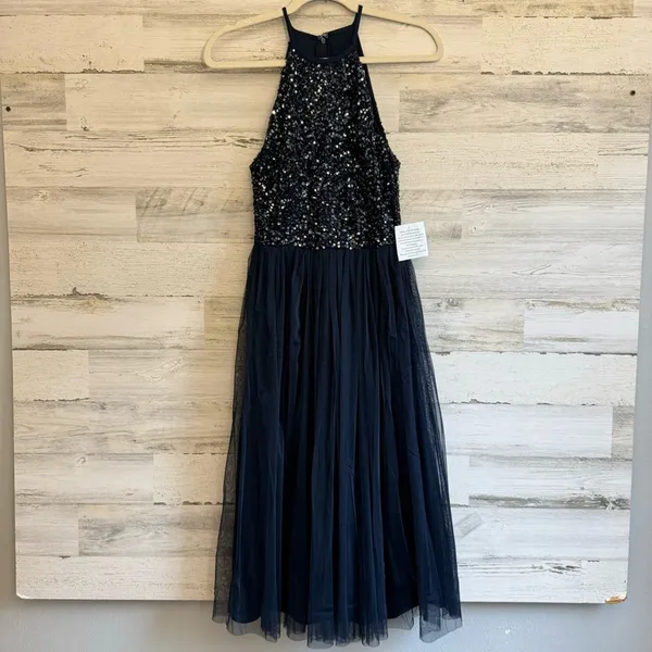 Maya Deluxe Halter Dark‎ Blue Sequin Top Tulip Skirt Midi Sleeveless Prom Dress - Image 2