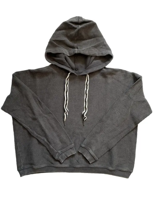 Aerie Gray Ribbed Corded Hoodie Cropped Textured Pullover Cozy Lounge Gorpcore - Image 2