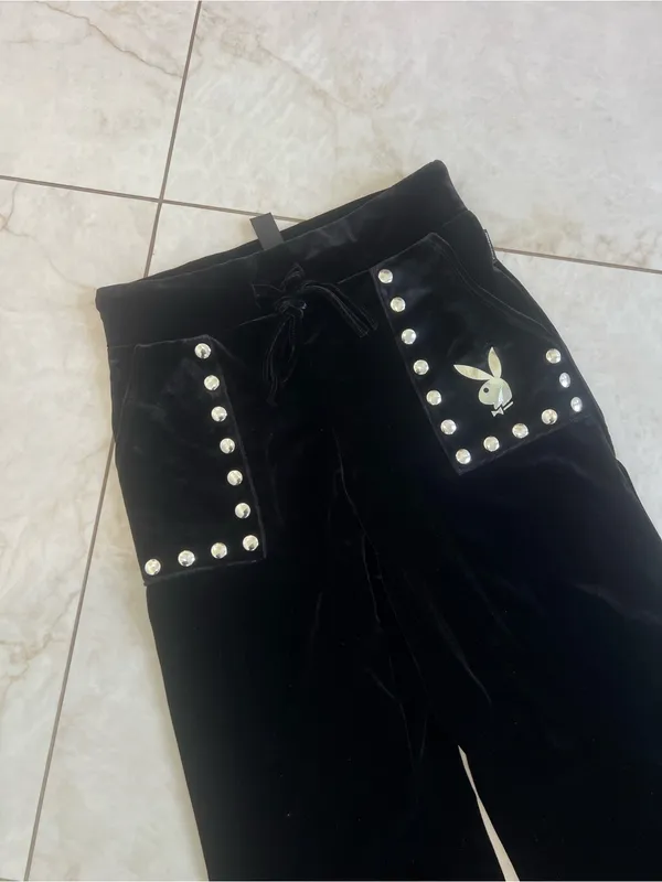 NWT PLAYBOY X Missguided Black Velour Studded Wide Leg Pants Size Small - Image 3