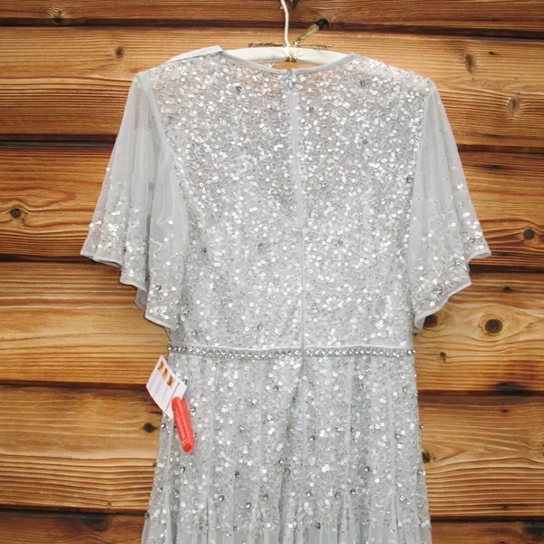 Mac Duggal Light Blue Size 6 Beaded Sequin Rhinestone High Neck MIDI Dress Gown - Image 10