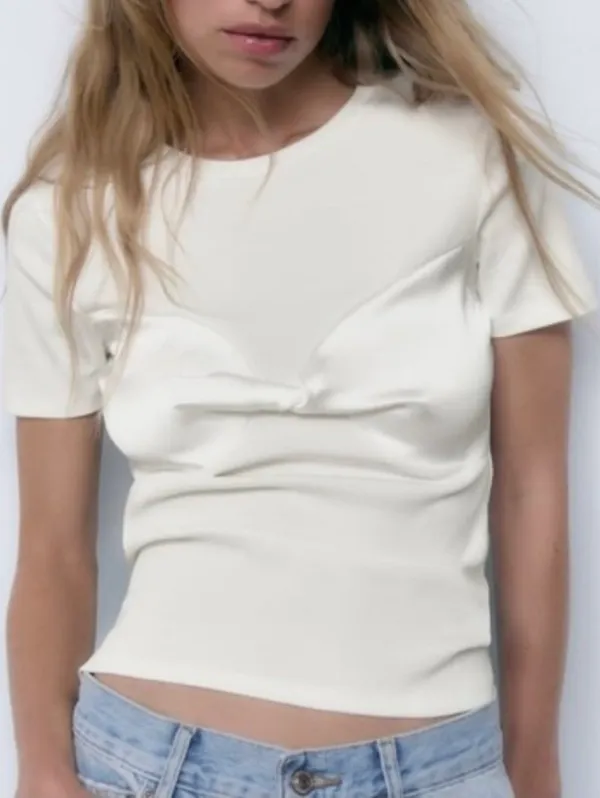 Zara Cream Twist-Front Short Sleeve Tee Size M - Image 2