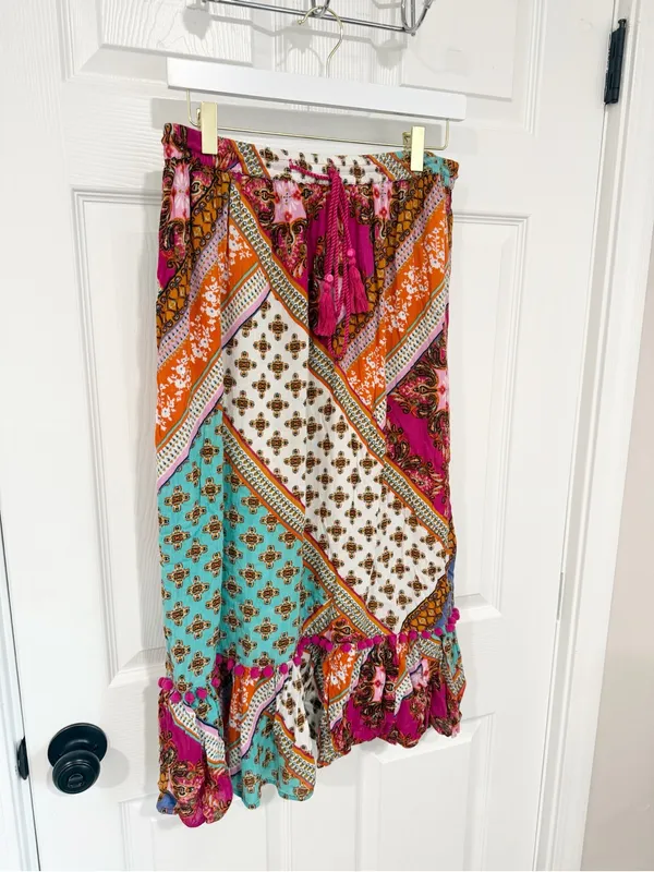 Boho Patchwork Large Midi Skirt Ruffle Festival Hippie Artsy - Image 6