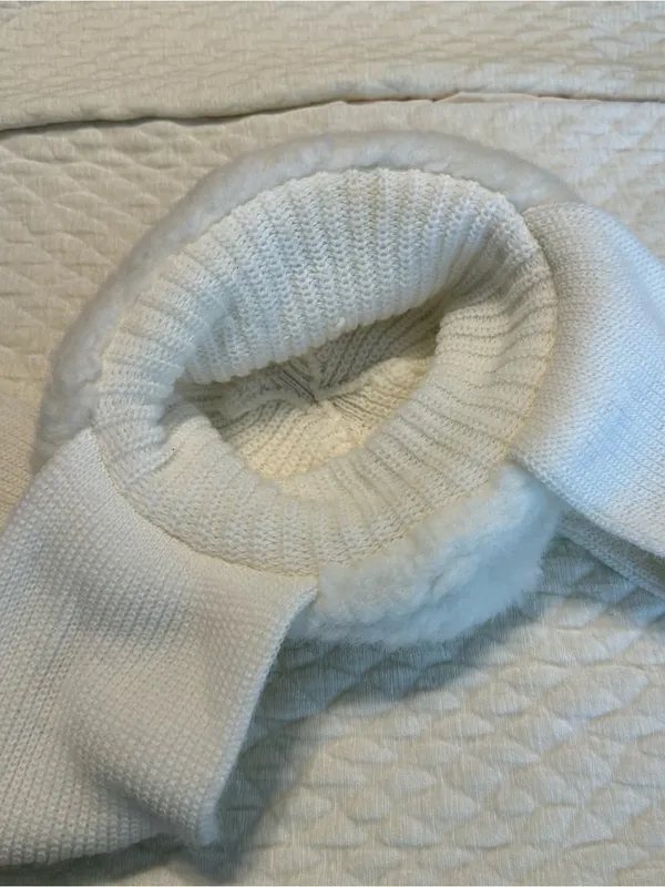 Vintage Faux Fur Knit Hat w/ Attached Scarf White/Ivory - Image 3
