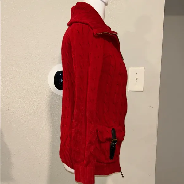 Lauren Ralph Lauren Sweater Womens S Red Cable Full Zip Brass Buckles Pockets - Image 5