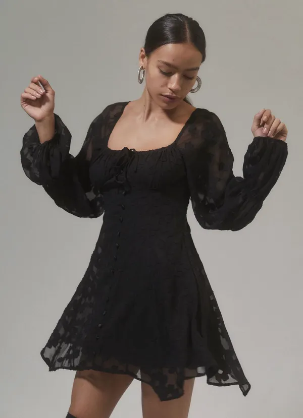 Black Floral Long Sleeve Mini Dress - Image 2
