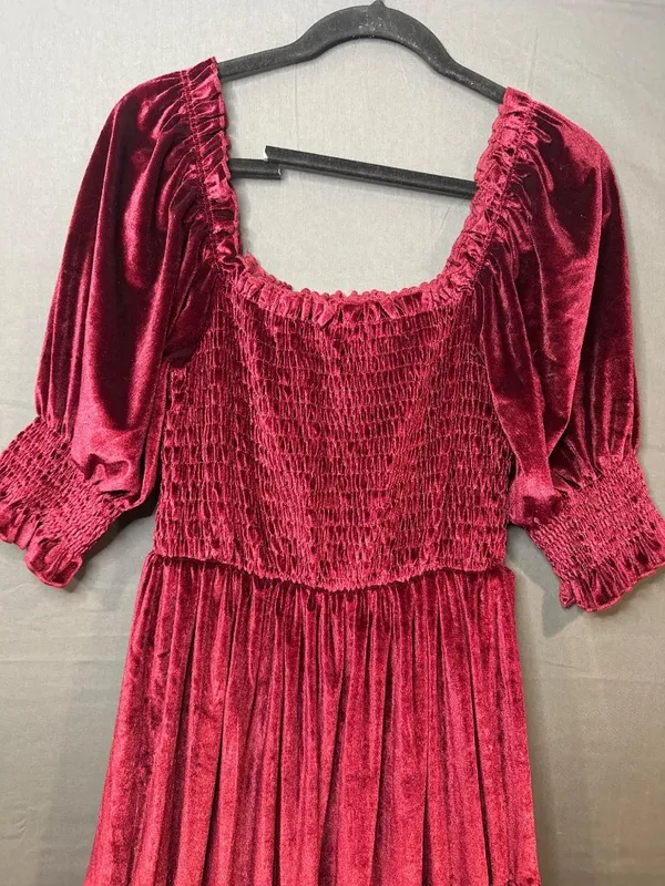 Realtix XL Burgundy Velvet Maxi Dress Smocked Puff Sleeve Cottagecore Romantic - Image 4