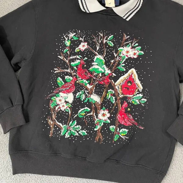 Vintage Cardinal Birds Snow Collared Sweatshirt L Black 90s Cottage Grandma - Image 2