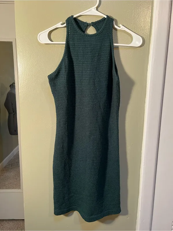 Women’s Size Medium Sleeveless Bodycon Mini Dress Dark Green High Neck Keyhole - Image 5