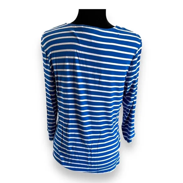 Chico's Miraculous Stripe Tiered Top Blue White‎ Asymmetrical Stripe Sz 1 M 8 - Image 11