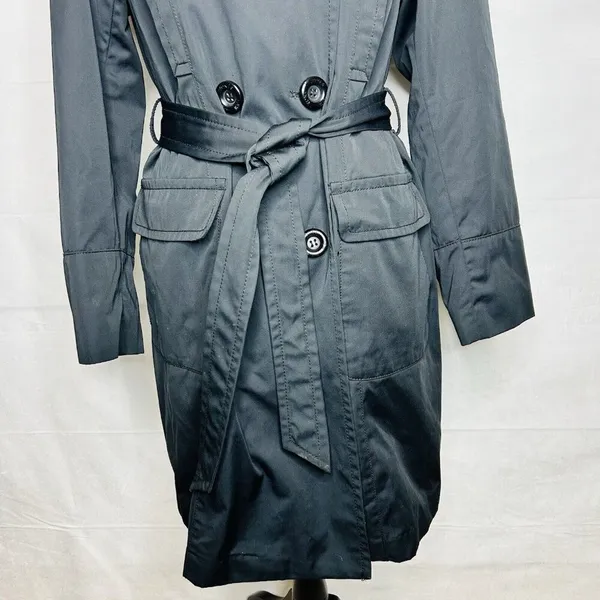 Jones New York Coat Size Large Black Faux Fur Removeable Collar Belted Trench - Image 4