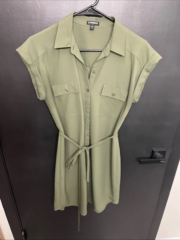 Express Olive Utility Button-Down Shirt Dress - Image 2