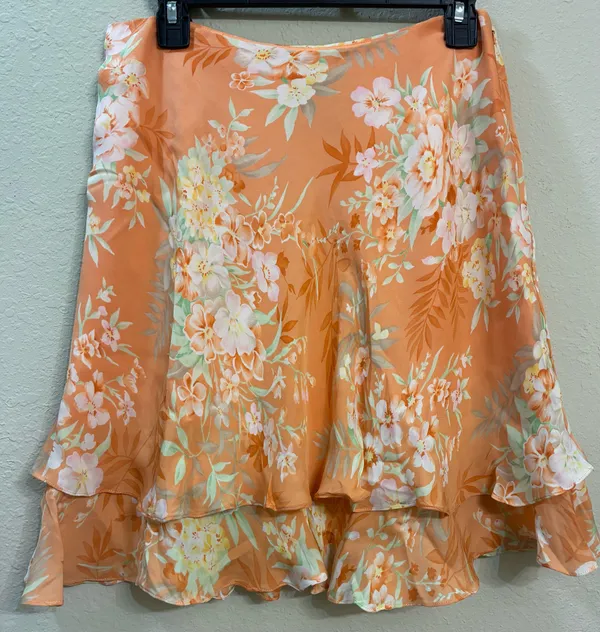 Jones New York Flowy Orange Silk Floral Ruffle Tiered Mini Skirt Size 10 Petite - Image 6