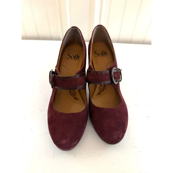 Sofft Retro 50s 60s Mod Twee Academia Suede Leather Mary Jane Heels Burgundy 7 - Image 6