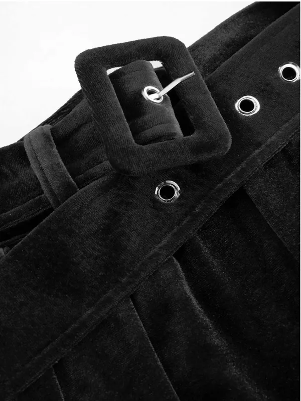 Cider Velvet Mid Waist Pocket Wide Leg Trousers with Belt Black XS - Image 3