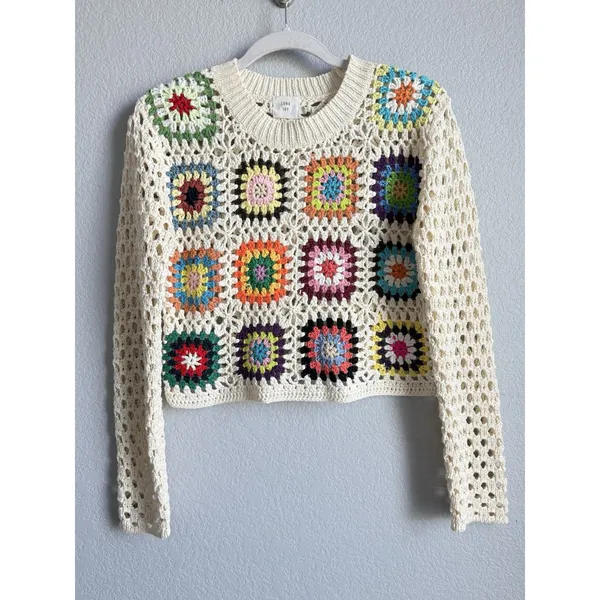 Luna Ivy Crochet Sweater Crop Granny Knit Top Cottagecore Boho Patchwork Small - Image 4