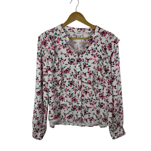 J Crew Floral‎ Printed Ruffle Top Small Multicolor Button Up Preppy Romantic - Image 2