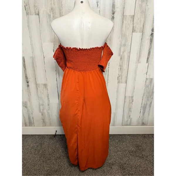 SHEIN Curve Rust Orange Off the Shoulder Maxi Dress Womens Plus Size 0XL Smocked - Image 4