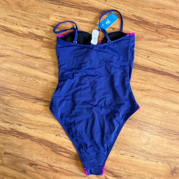 Cupshe Blue‎ Pink Scalloped One Piece Swimsuit Keyhole Ruched Small - Image 9