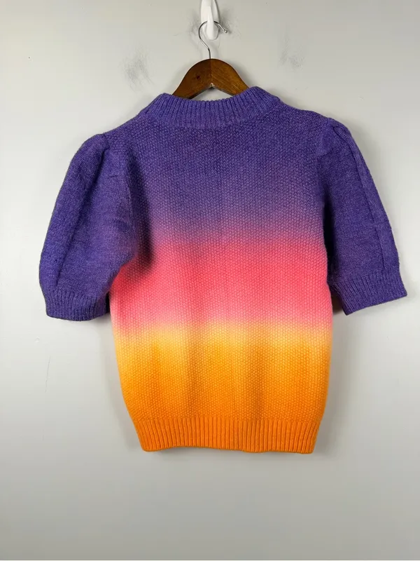 English factory puff sleeve ombré knit sweater in purple orange pink size small - Image 5