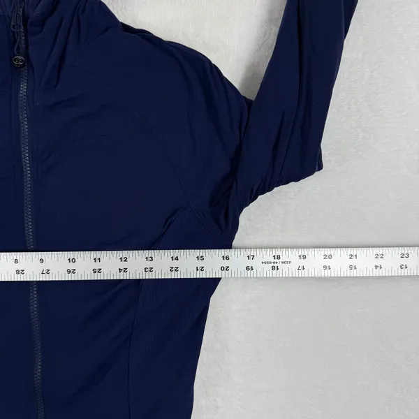 Lululemon Reversible Navy Blue Hooded‎ Zip Up Athletic Jacket Thumbholes Size 10 - Image 2