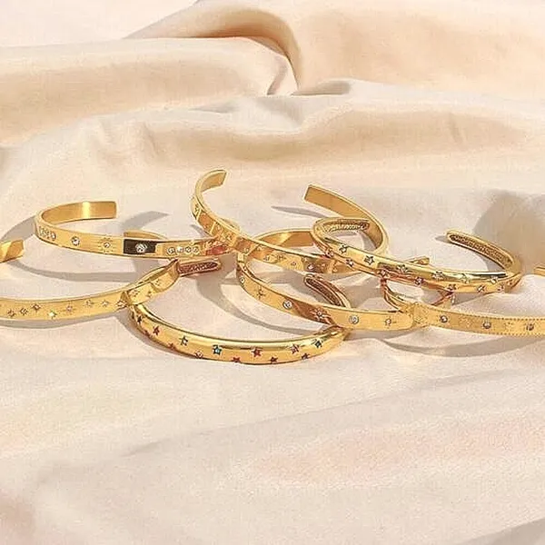Boutique NEW Heavy 18k Gold Simulated Diamond Stars Bangle Cuff Bracelet‎ Sz Adjustable - Image 10