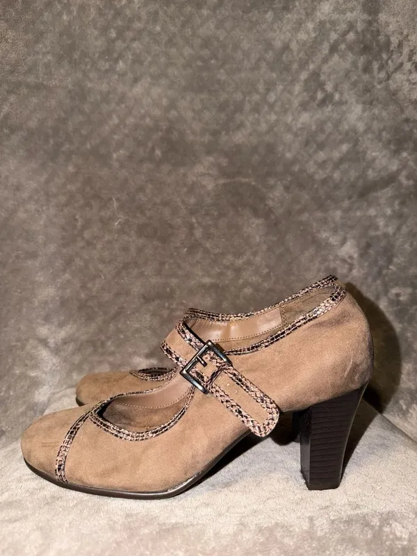 Aerosoles Water Roll Taupe Comfort Pump Mary Jane Snakeskin Trim Suede Heels - Image 5
