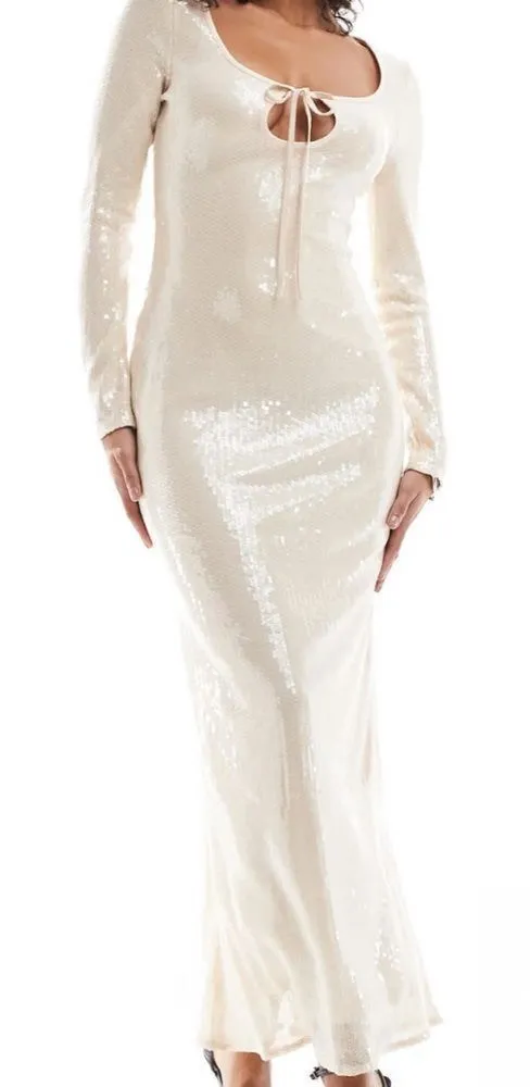 ASOS The Frolic exclusive sequin tie front bodycon maxi dress Beige Size 6 NWT - Image 6