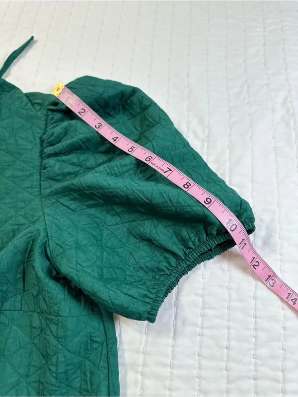 Anthropologie Maeve Green Drop Waist Jacquard Quilted Puff Sleeve Mini Dress Oversize Size M - Image 5