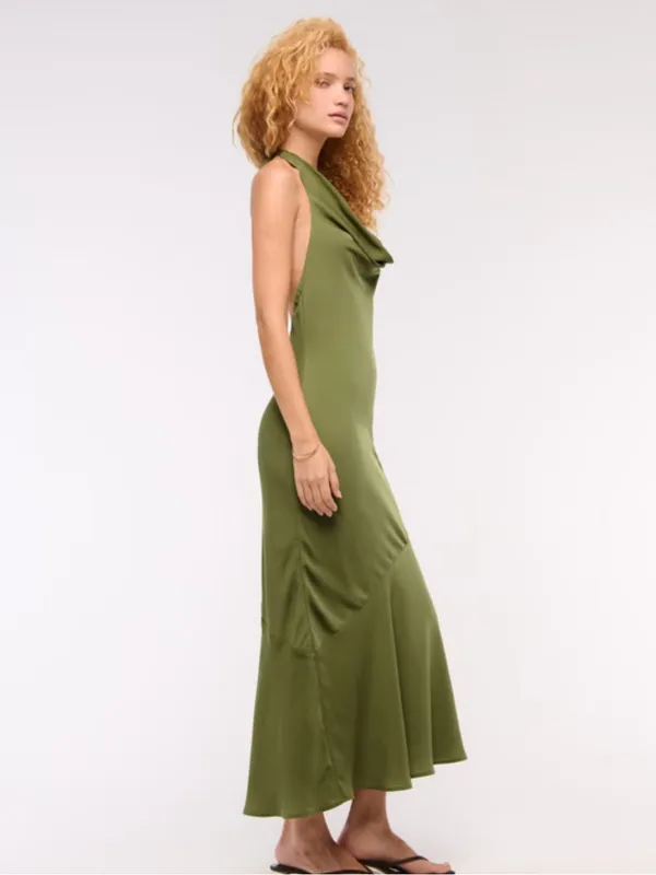 Abercrombie Olive Halter Satin Maxi Dress - Image 2