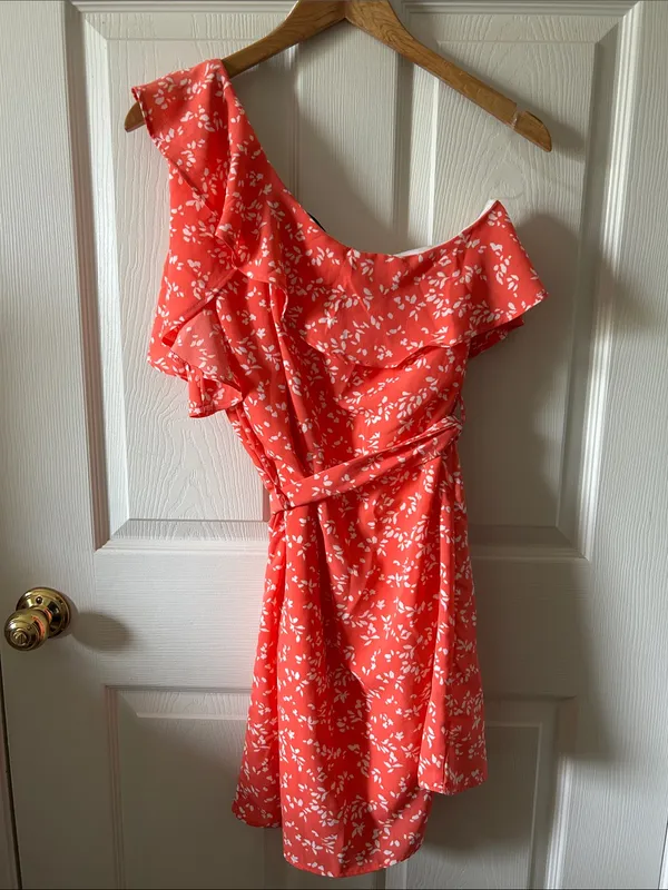 Gilli Sunday Best Floral Ruffle One Shoulder Coral Belted Dress Sz Med Fairycore - Image 7
