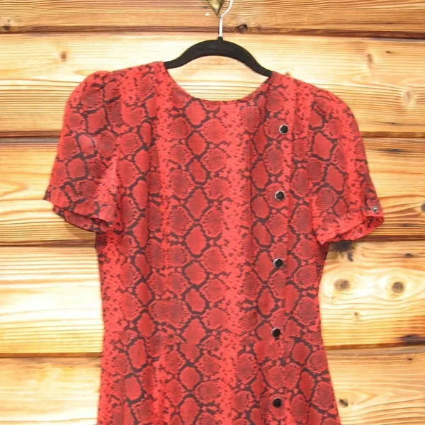 Red Black Python Snake Print Silk Blend Fit and Flare Dress - Image 6