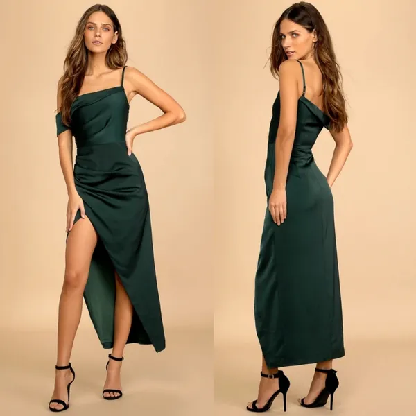 NWT Lulus Showing Off a Little Dark Green Asymmetrical Tulip Midi Dress Size L - Image 2