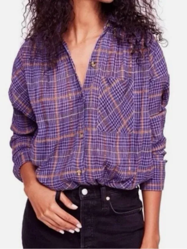 Free People Break My Stride Purple Plaid Button Down Shirt Top Medium - Image 3