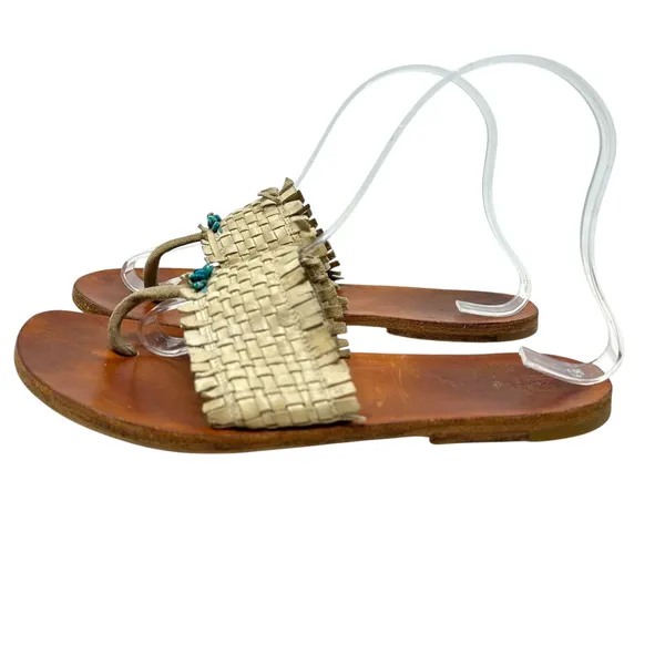 Henry Cuir‎ Slide Sandals Leather Woven Rattan Beaded Tan Brown Size 38 US 8 - Image 9