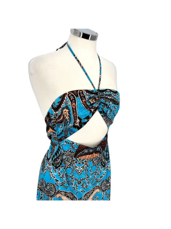 Topshop Boho Halter Cutout Maxi Dress Blue Black Size 2 NWOT Resortwear - Image 3