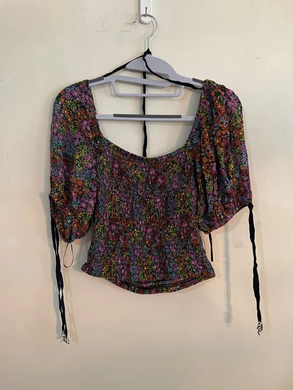 Free People Floral Puff-Sleeve Crop Top in Multi Colors - Image 7