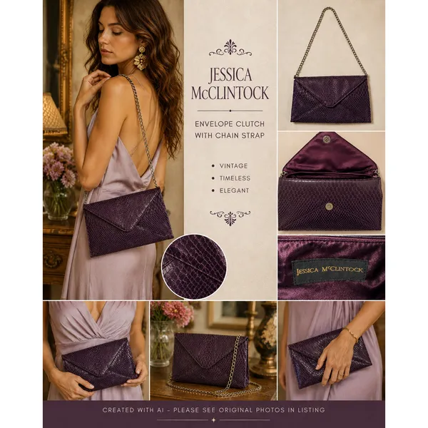 Jessica McClintock Purse Envelope Purple Formal Casual Chain Clutch Y2K Vintage - Image 2