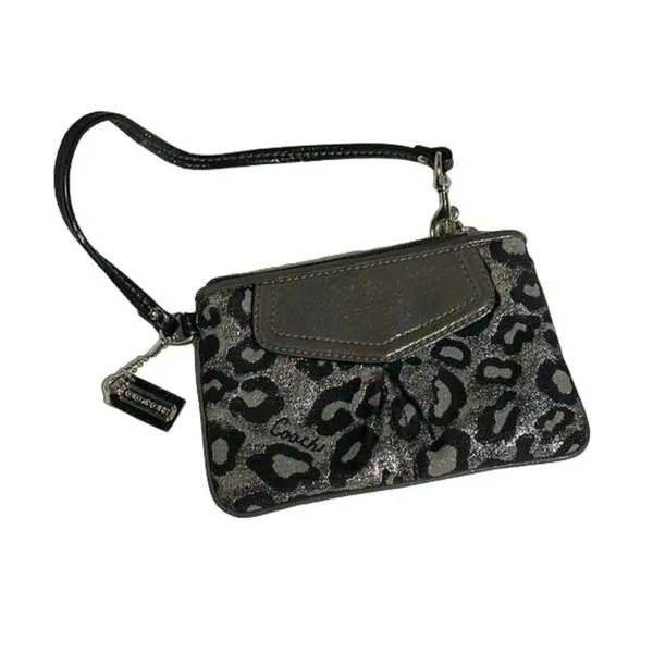 Coach Leopard Print Jacquard Wristlet Wallet Metallic Silver Black - Image 2