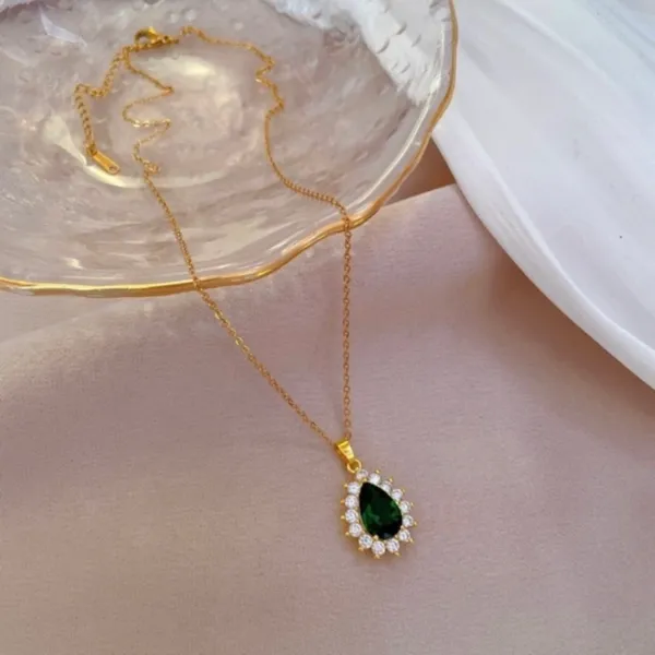 18K Gold Plated Crystal Teardrop Emerald Pendant Necklace for Women - Image 4