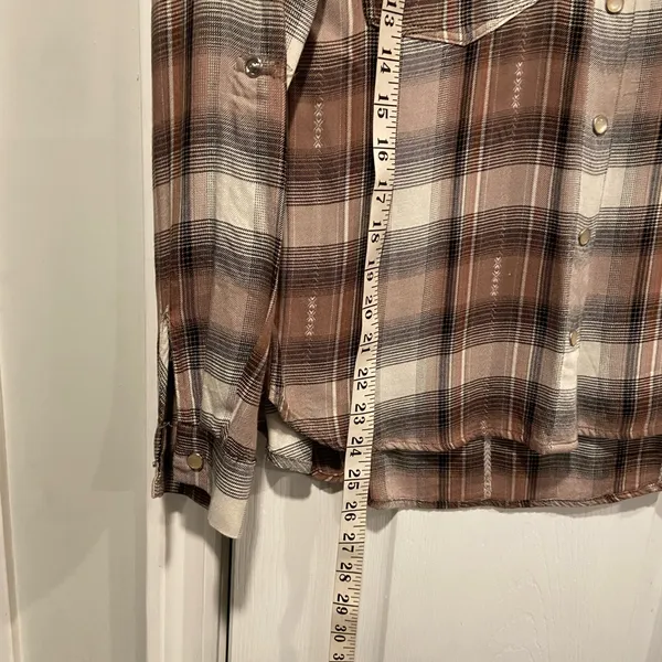 Jane & Delancey Size S Brown Plaid Flannel Western Pearl Snap Front Shirt - Image 4